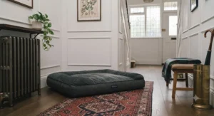 A large pressure-relief dog bed for large senior dogs neatly styled in a traditional British hallway next to a radiator.