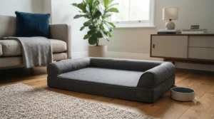 Neutral-toned step-free dog bed blending seamlessly with contemporary British home interior decor.