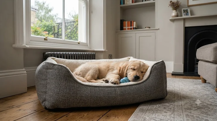 A durable, teething-proof puppy bed designed with chew-resistant fabric, perfect for a young, playful dog. teething proof puppy bed