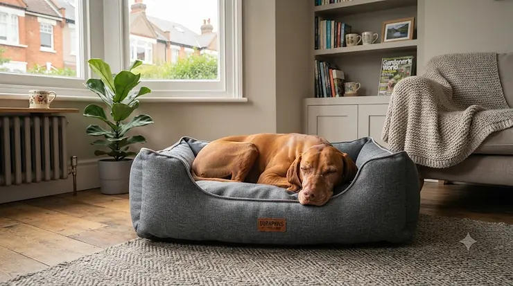 A premium tough fabric dog bed placed in a cosy British living room, showcasing a durable and stylish design. tough fabric dog bed