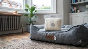 The underside of a tough fabric dog bed displaying the non-slip base for stability on hard floors.