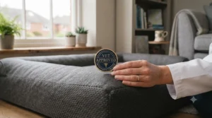 A veterinary seal of approval highlighting a therapeutic low-entry bed for stiff joints.
