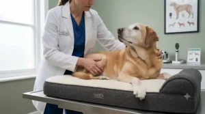 Veterinarian examining a supportive orthopaedic dog bed designed to alleviate canine hip dysplasia and arthritis discomfort.