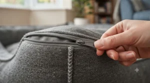 A removable, machine-washable cover being taken off a robust puppy bed.