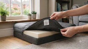 Unzipping the machine-washable cover of a therapeutic dog bed for effortless cleaning.