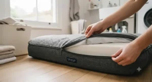 A person unzipping the washable, waterproof cover of a pressure-relief dog bed for large senior dogs for easy cleaning.