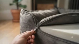 A removable, machine-washable faux suede dog bed cover being unzipped for easy cleaning.