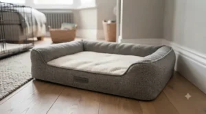 Close-up of a removable, machine-washable cover on a puppy bed.