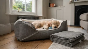 A removable, machine-washable cover on a puppy bed for easy cleaning after messy play.