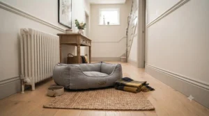 A stylish, washable puppy bed placed neatly in a UK hallway, blending with home decor.