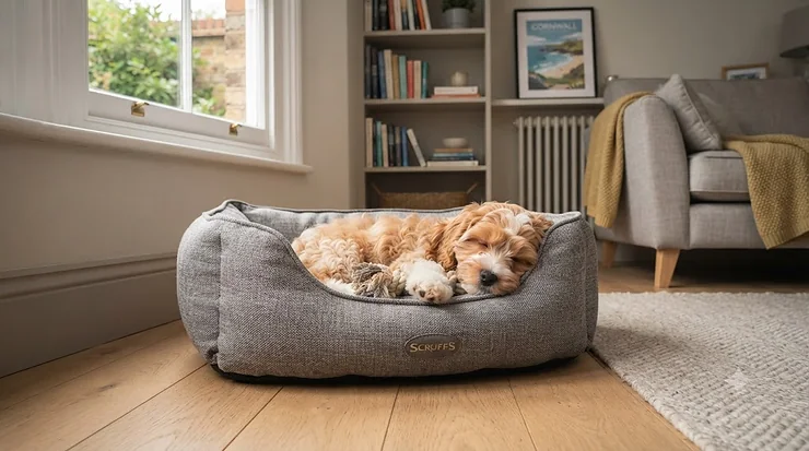 A high-quality, plush washable puppy bed in a neutral grey tone, perfect for small breeds in a modern British living room. washable puppy bed