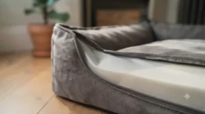 Detail shot showing the water-resistant lining inside the faux suede dog bed for added protection.