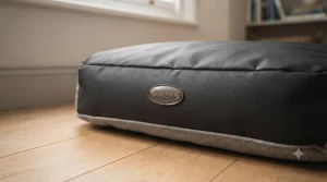 Detail shot showing the anti-slip, waterproof base of our washable puppy bed, ideal for protecting floors.