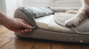 A waterproof inner lining protecting a senior dog bed from household accidents and incontinence.