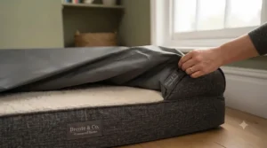 Close-up of a machine-washable, waterproof inner cover on a heavy-duty orthopaedic dog bed for easy cleaning.
