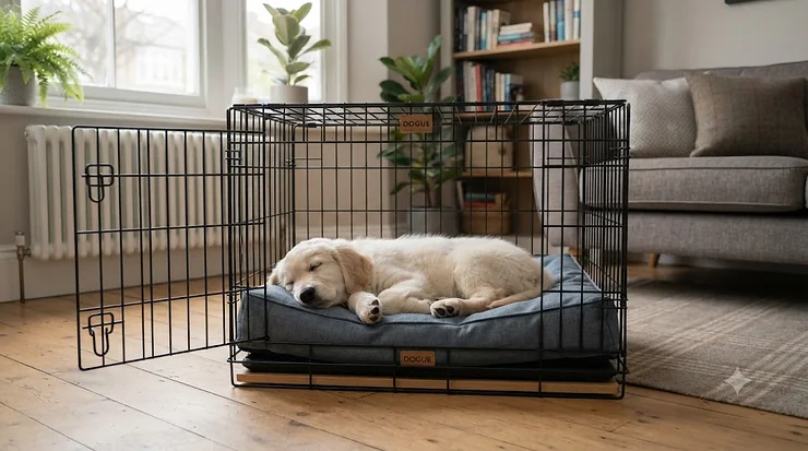 A durable waterproof puppy bed inside a wire crate, ideal for easy cleaning during puppy training. waterproof puppy bed