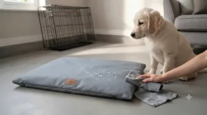 A grey waterproof puppy bed fitted securely in the boot of a car for comfortable travel.