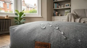 Close-up of a tough fabric dog bed showing the water-resistant texture, ideal for muddy paws after a rainy walk.