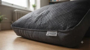 Non-slip rubberised base on the underside of a waterproof dog bed for incontinence, preventing movement on hard floors.
