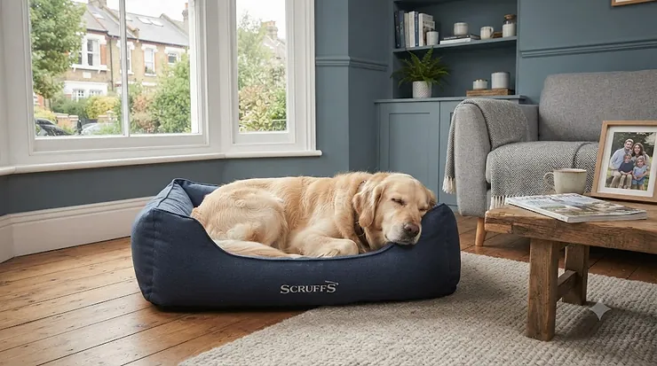 Premium anti-microbial dog bed in a modern British living room, offering hygienic, odour-free sleep for pets. anti-microbial dog bed
