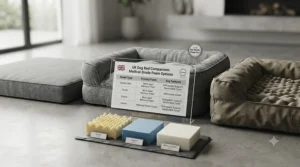 Infographic comparing features, foam thickness, and prices of top-rated medical-grade dog beds tested in the UK.