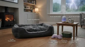 Living room layout highlighting a quiet, sheltered corner to place a thunderstorm anxiety bed away from windows