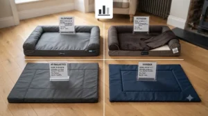 Infographic comparing features and sizes of top-rated washable incontinence dog beds for older pets.