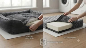 Illustration of an anti-anxiety dog bed paired with a plug-in pheromone diffuser and natural calming chews