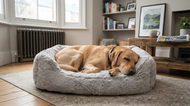 A fluffy grey calming dog bed for anxiety, with a relaxed Cocker Spaniel sleeping soundly in a British living room. calming dog bed for anxiety