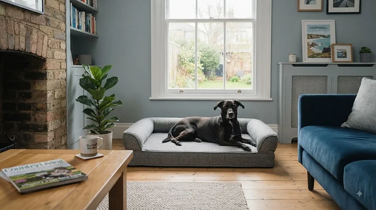 Orthopaedic dog bed providing crucial joint and cruciate ligament support for a recovering dog in a UK living room. dog bed for cruciate ligament support