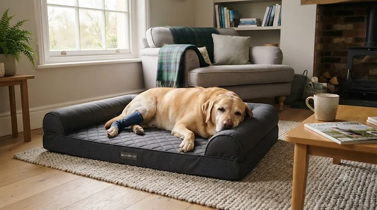 Orthopaedic dog bed for cruciate surgery recovery supporting a Labrador resting comfortably in a British living room. dog bed for cruciate surgery recovery