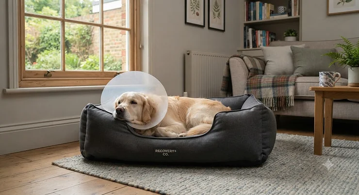 Orthopaedic dog bed for post-surgery recovery in the UK, providing supportive cushioning for a resting dog. dog bed for post-surgery recovery