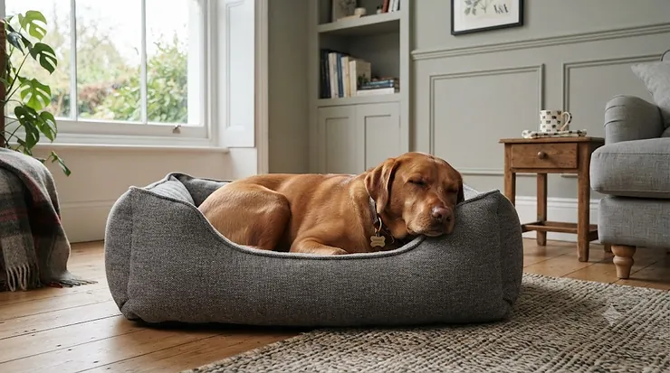 Calm dog resting in a grey calming dog bed for separation anxiety in a living room dog bed for separation anxiety