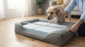 Sizing guide diagram showing a labrador resting comfortably on a large dog bed for cruciate ligament support.