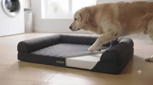 Supportive dog recovery bed set up inside a quiet indoor crate for safe post-operative crate rest.