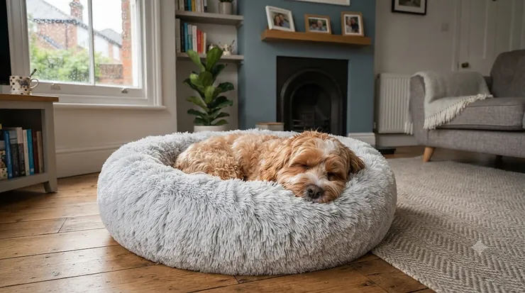 Fluffy grey donut calming bed for anxious dogs in a cosy UK living room, providing joint support and soothing relief. donut calming bed for anxious dogs