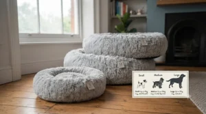 Size guide chart for donut calming beds showing suitable dog breeds from small terriers to larger labradors.