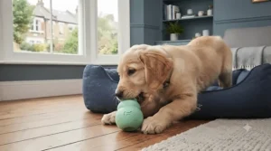 Playful puppy chewing a durable toy next to a chew-resistant anti-microbial dog bed.