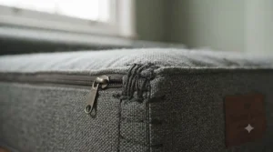 Close-up of heavy-duty, chew-resistant fabric and reinforced stitching on a premium medical-grade dog bed.
