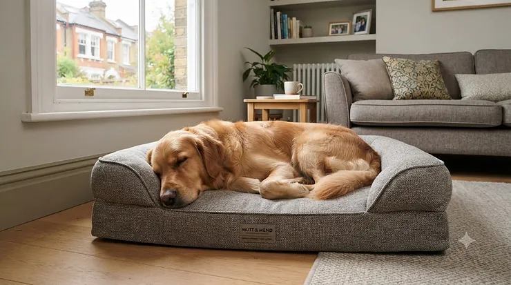 A grey orthopaedic dog bed in a modern British living room, featured in dust mite resistant dog bed reviews. dust mite resistant dog bed reviews