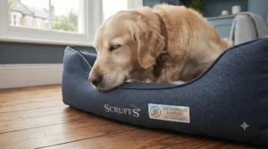 Golden Retriever happily curled up inside a spacious large anti-microbial dog bed.