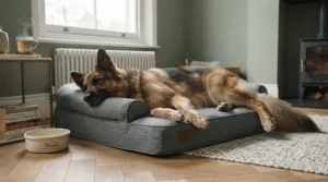 A large German Shepherd stretched out fully on an XL medical-grade dog bed, showing optimal sizing proportions.