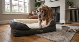 An older dog with mobility issues stepping onto a low-profile orthopaedic dog bed.
