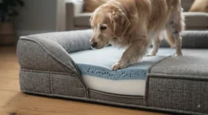 Senior dog easily stepping into a low-profile dog bed designed to reduce strain during cruciate ligament recovery.