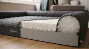Low-profile orthopaedic dog bed with easy step-in access for safe cruciate ligament surgery recovery.
