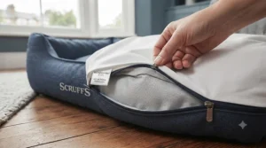 Owner unzipping the machine-washable cover of an anti-microbial dog bed for easy cleaning.