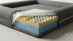 Cross-section view of high-density memory foam inside a medical-grade dog bed, demonstrating pressure relief for joints.