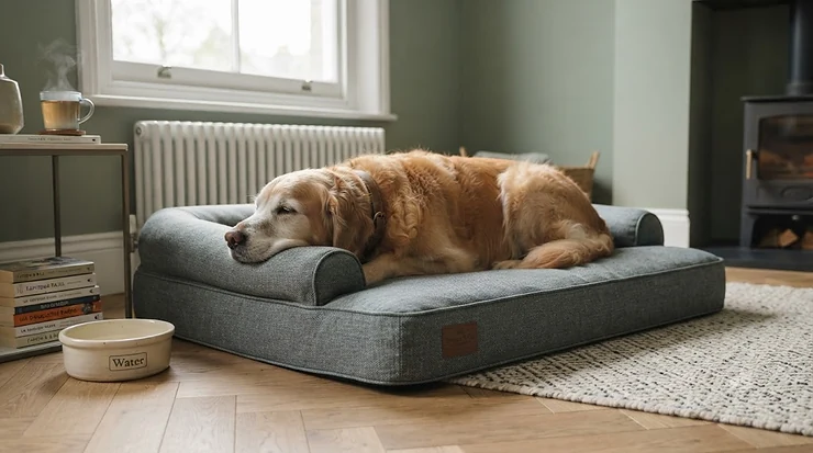 A senior Labrador resting comfortably on a supportive medical-grade dog bed in a modern UK living room. medical grade dog bed reviews