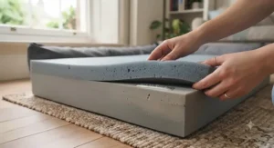 High-density memory foam base inside a canine recovery bed offering pressure relief for joints.