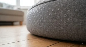 The anti-slip, waterproof bottom of a calming dog bed designed to prevent sliding on hardwood floors.